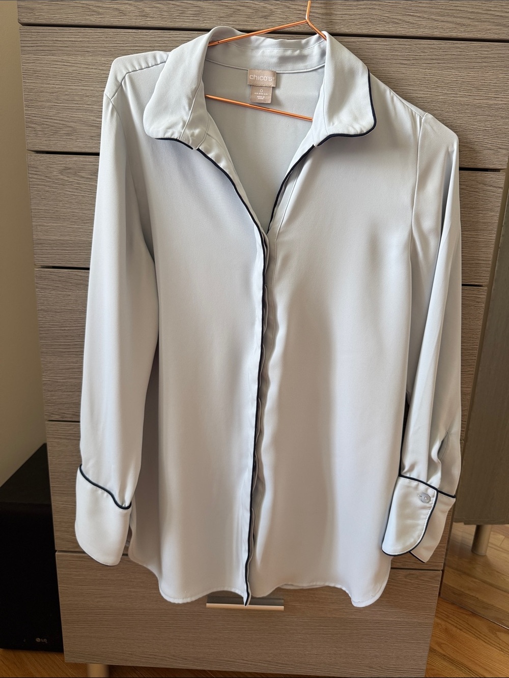 Chico's Pale Gray Blouse with Black Piping
